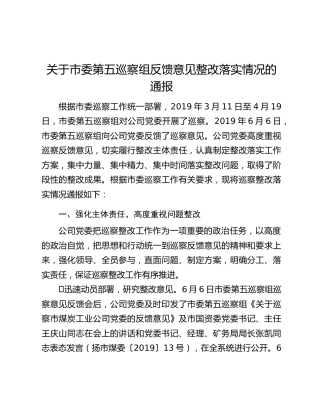 关于市委第五巡察组反馈意见整改落实情况的通报