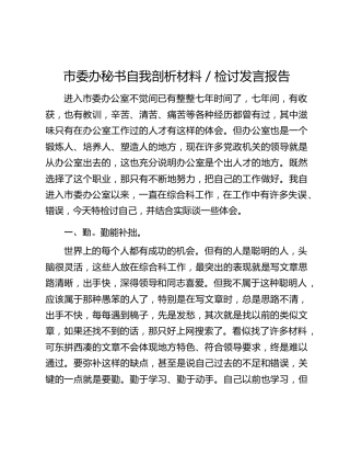 市委办秘书自我剖析材料／检讨发言报告