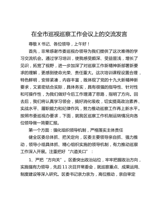 在全市巡视巡察工作会议上的交流发言