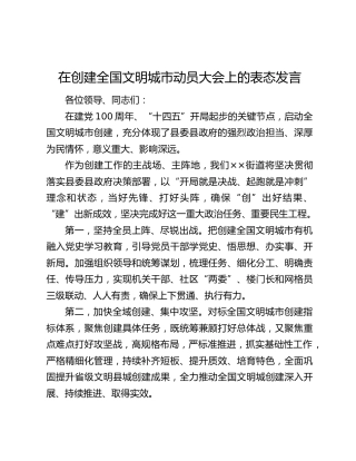 在创建全国文明城市动员大会上的表态发言