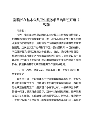 副县长在基本公共卫生服务项目培训班开班式致辞