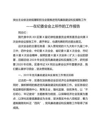 在纪委全会上所作的工作报告
