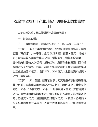 在全市2021年产业升级年调度会上的发言材料
