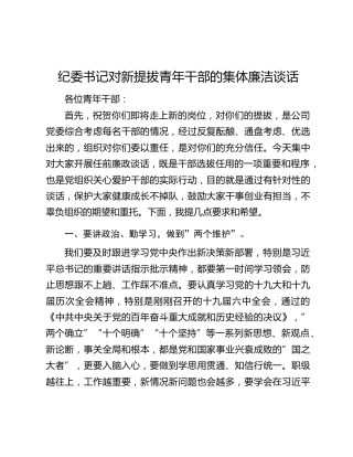 纪委书记对新提拔青年干部的集体廉洁谈话