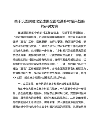 关于巩固脱贫攻坚成果全面推进乡村振兴战略的研讨发言