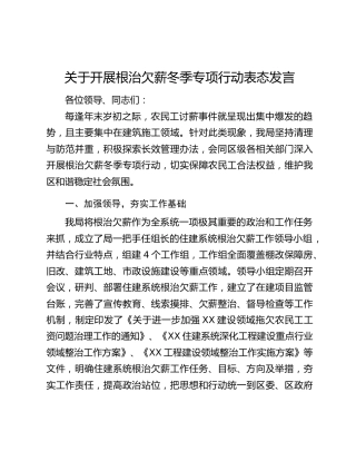 关于开展根治欠薪冬季专项行动表态发言