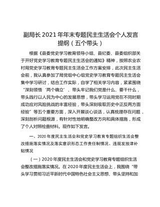 副局长2021年年末专题民主生活会个人发言提纲（五个带头）