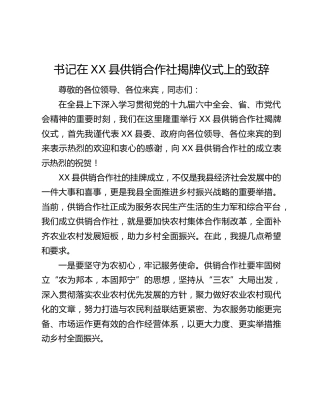 书记在XX县供销合作社揭牌仪式上的致辞
