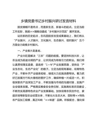 乡镇党委书记乡村振兴研讨发言材料