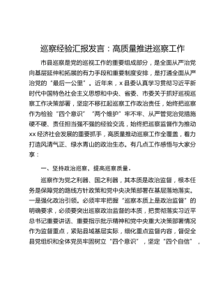 巡察经验汇报发言：高质量推进巡察工作
