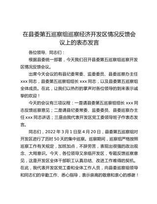 在县委第五巡察组巡察经济开发区情况反馈会议上的表态发言