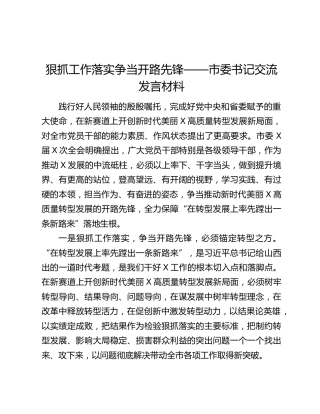 狠抓工作落实争当开路先锋——市委书记交流发言材料