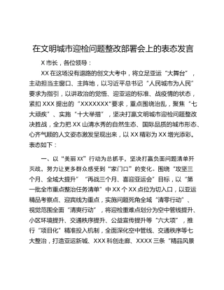 在文明城市迎检问题整改部署会上的表态发言