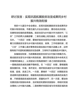 研讨发言：实现巩固拓展脱贫攻坚成果同乡村振兴有效衔接