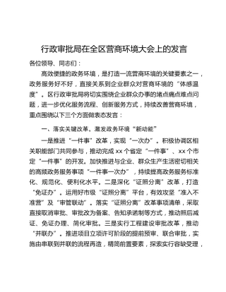 行政审批局在全区营商环境大会上的发言