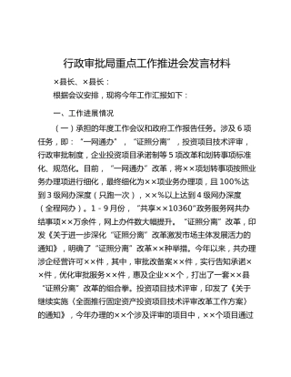 行政审批局重点工作推进会发言材料