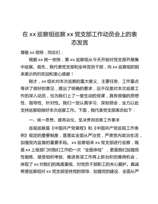 在xx巡察组巡察xx党支部工作动员会上的表态发言