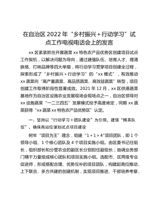 在自治区2022年“乡村振兴＋行动学习”试点工作电视电话会上的发言