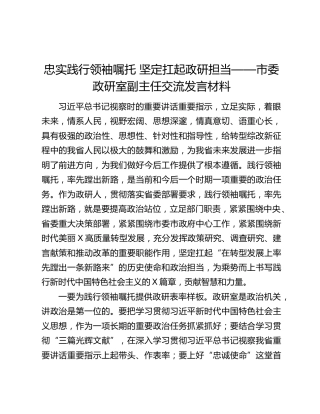 忠实践行领袖嘱托 坚定扛起政研担当——市委政研室副主任交流发言材料