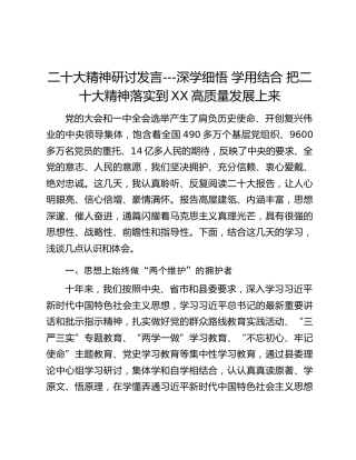 二十大精神研讨发言---深学细悟 学用结合 把二十大精神落实到XX高质量发展上来