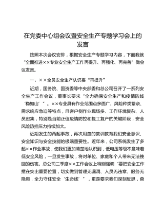 在党委中心组会议暨安全生产专题学习会上的发言