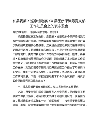 在县委第X巡察组巡察XX县医疗保障局党支部工作动员会上的表态发言