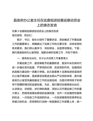 县政府办公室主任在巡查组进驻暨巡察动员会上的表态发言