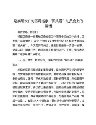 巡察组长在对区局巡察“回头看”动员会上的讲话