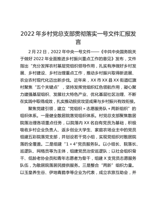 2022年乡村党总支部贯彻落实一号文件汇报发言