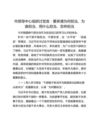 市领导中心组研讨发言：要弄清为何担当、为谁担当、用什么担当、怎样担当