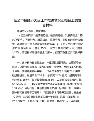 在全市稳经济大盘工作推进情况汇报会上的发言材料