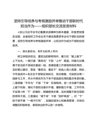 坚持引导培养与考核激励并举推动干部新时代担当作为——组织部长交流发言材料