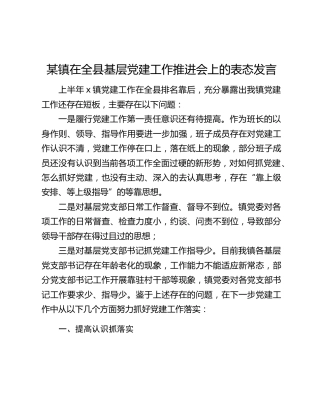 某镇在全县基层党建工作推进会上的表态发言