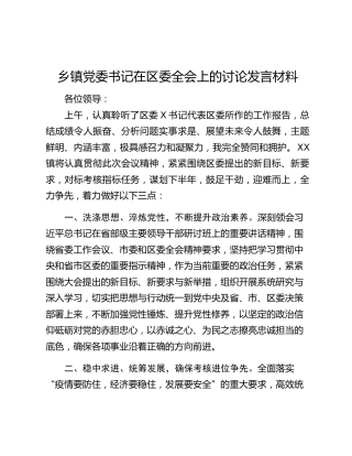 乡镇党委书记在区委全会上的讨论发言材料