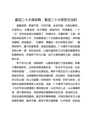 喜迎二十大演讲稿：喜迎二十大筑梦正当时