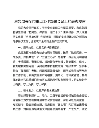 应急局在全市重点工作部署会议上的表态发言