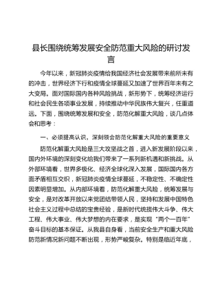 县长围绕统筹发展安全防范重大风险的研讨发言