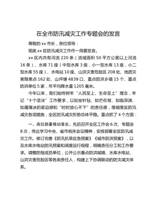 在全市防汛减灾工作专题会的发言