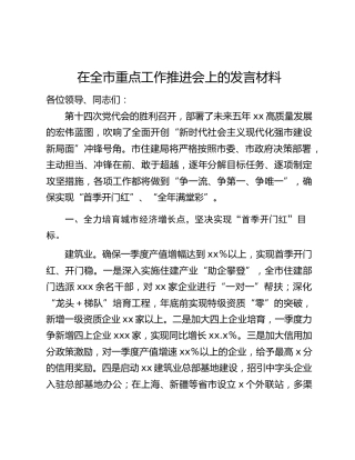 在全市重点工作推进会上的发言材料