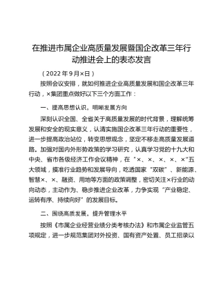 在推进市属企业高质量发展暨国企改革三年行动推进会上的表态发言
