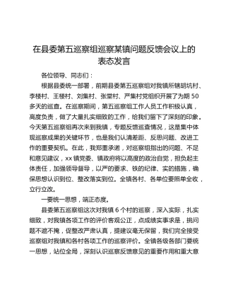 在县委第五巡察组巡察某镇问题反馈会议上的表态发言