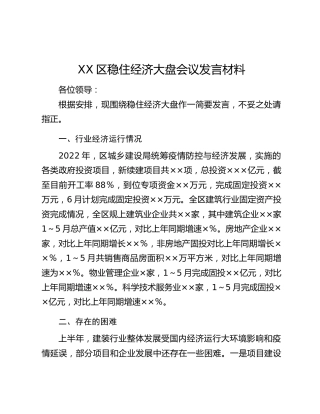 XX区稳住经济大盘会议发言材料