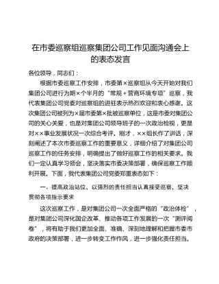 在市委巡察组巡察集团公司工作见面沟通会上的表态发言