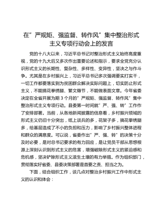在”严规矩、强监督、转作风”集中整治形式主义专项行动会上的发言