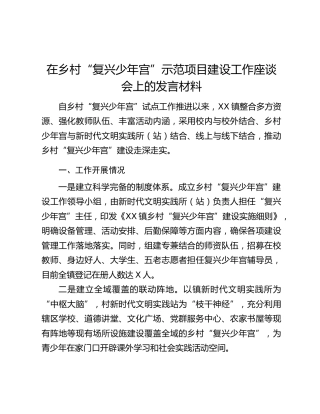 在乡村“复兴少年宫”示范项目建设工作座谈会上的发言材料