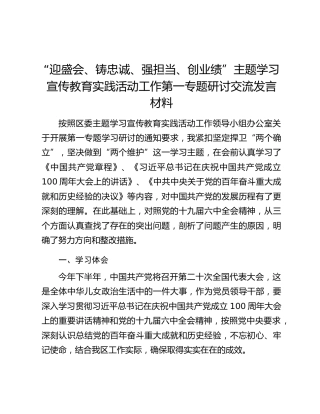 “迎盛会、铸忠诚、强担当、创业绩”主题学习宣传教育实践活动工作第一专题研讨交流发言材料