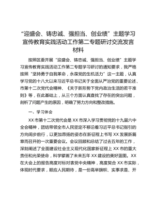 “迎盛会、铸忠诚、强担当、创业绩”主题学习宣传教育实践活动工作第二专题研讨交流发言材料