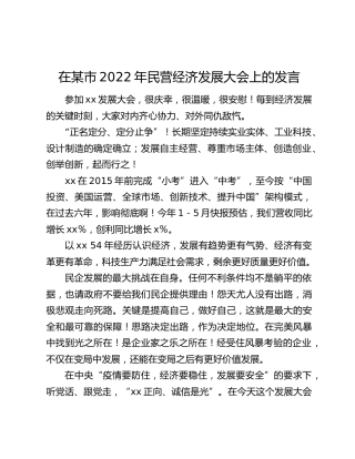 在某市2022年民营经济发展大会上的发言
