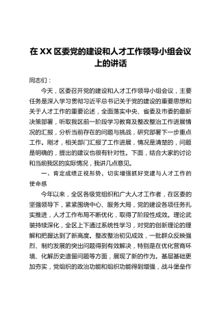 在XX区委党的建设和人才工作领导小组会议上的讲话