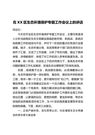在XX区生态环境保护专题工作会议上的讲话